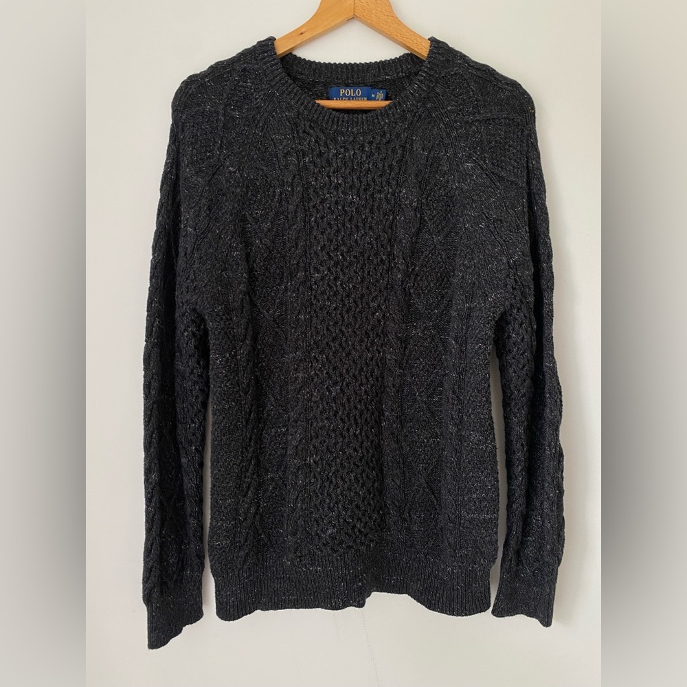 Ralph Lauren Sweater Men’s Medium 100% Cotton Cable Knit Crewneck Charcoal Gray